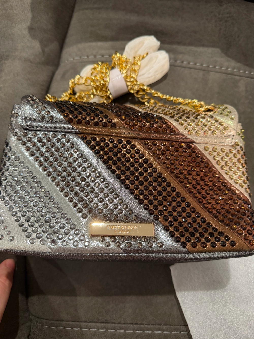 New Kurt Geiger Silver Gold Brown Crystal-Embellished Shoulder Bag - Picture 6 of 8